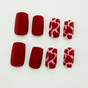 24Pc Matte Romantic Red Heart Press On Nails, Artistic Heart Pattern Nails